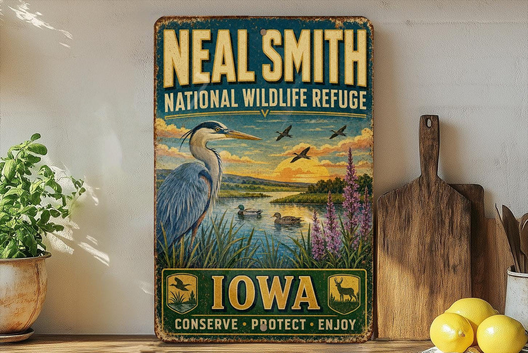 A vintage-style metal sign for the National Wildlife Refuge in Iowa, featuring an illustration of a heron and a lake with ducks.