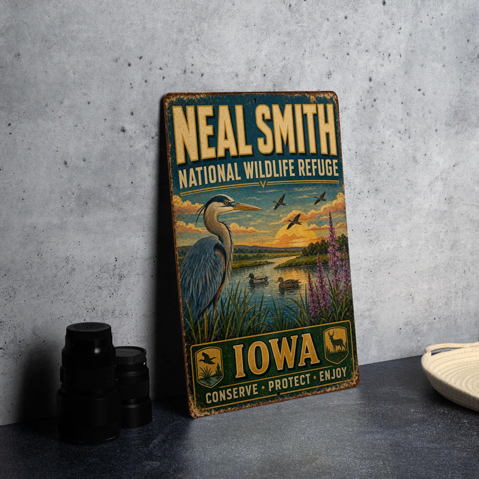 A vintage-style metal sign for the National Wildlife Refuge in Iowa, featuring an illustration of a bird and a lake with a sunset in the background.