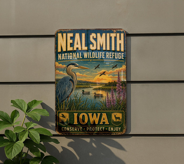A vintage metal sign for the National Wildlife Refuge in Iowa, featuring an illustration of a bird and a lake with a sunset in the background.