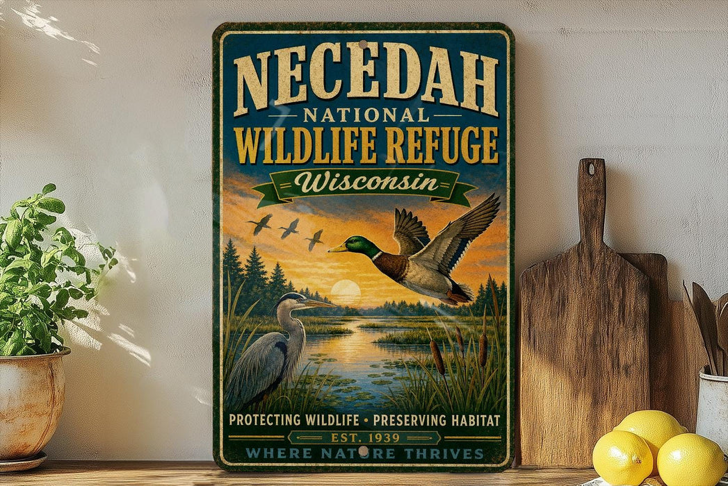 A vintage-style metal sign for the Necedah National Wildlife Refuge in Wisconsin, featuring an illustration of ducks and other wildlife in a natural setting.