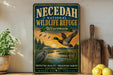 A vintage-style metal sign for the Necedah National Wildlife Refuge in Wisconsin, featuring an illustration of ducks and other wildlife in a natural setting.