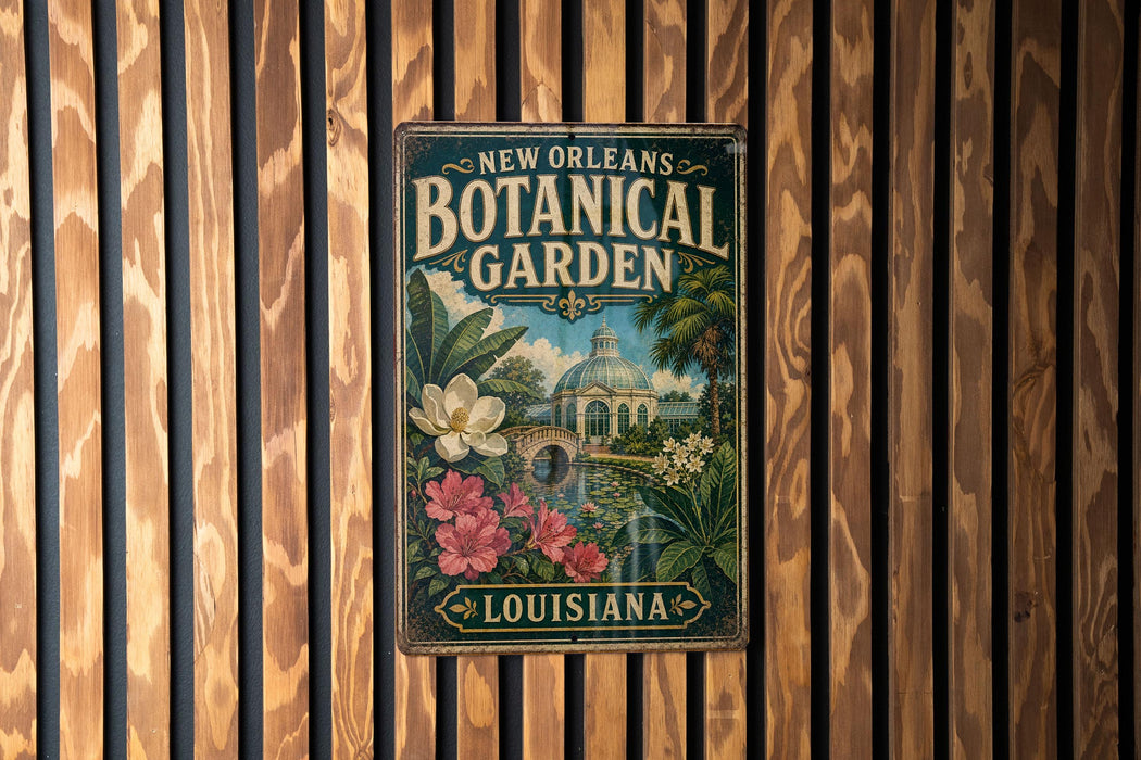 A vintage-style metal sign for the New Orleans Botanical Garden, featuring illustrations of flowers and plants, mounted on a wooden wall.