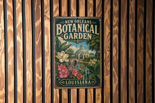 A vintage-style metal sign for the New Orleans Botanical Garden, featuring illustrations of flowers and plants, mounted on a wooden wall.