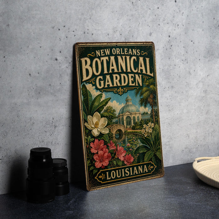 A vintage-style metal sign for the New Orleans Botanical Garden, featuring illustrations of flowers, plants, and a building.