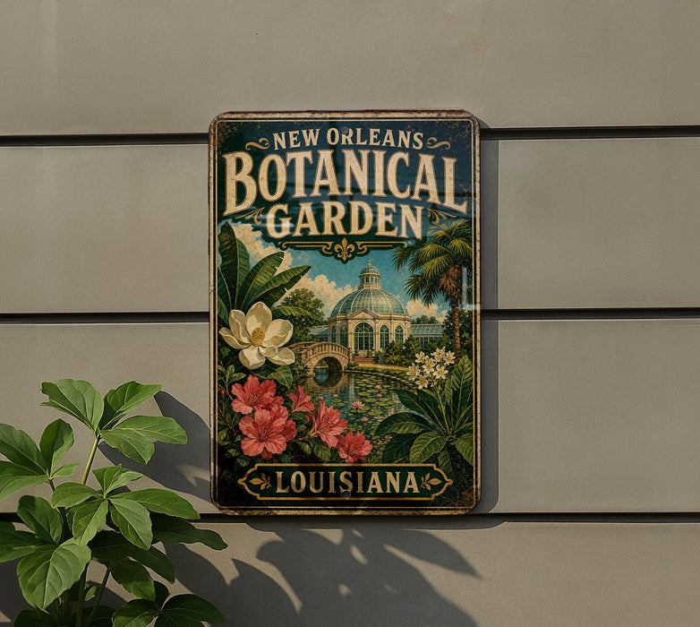 A vintage-style metal sign for the New Orleans Botanical Garden, featuring illustrations of tropical plants and flowers.