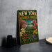 A vintage-style metal sign for the New York Botanical Garden, featuring colorful illustrations of flowers, plants, and a dome-shaped building.