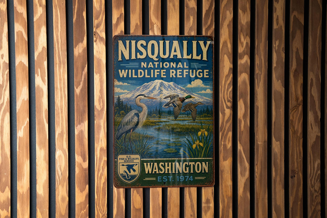 A vintage-style metal sign for the Nisqually National Wildlife Refuge in Washington, featuring an illustration of a bird and a mountain landscape.