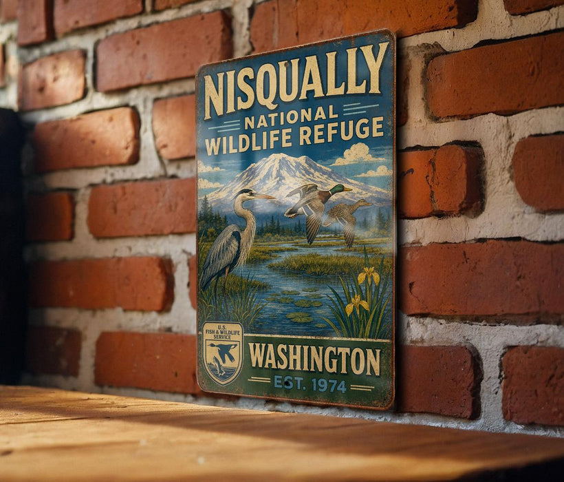 A vintage-style metal sign for the Nisqually National Wildlife Refuge in Washington, featuring an illustration of a bird and a mountain landscape.