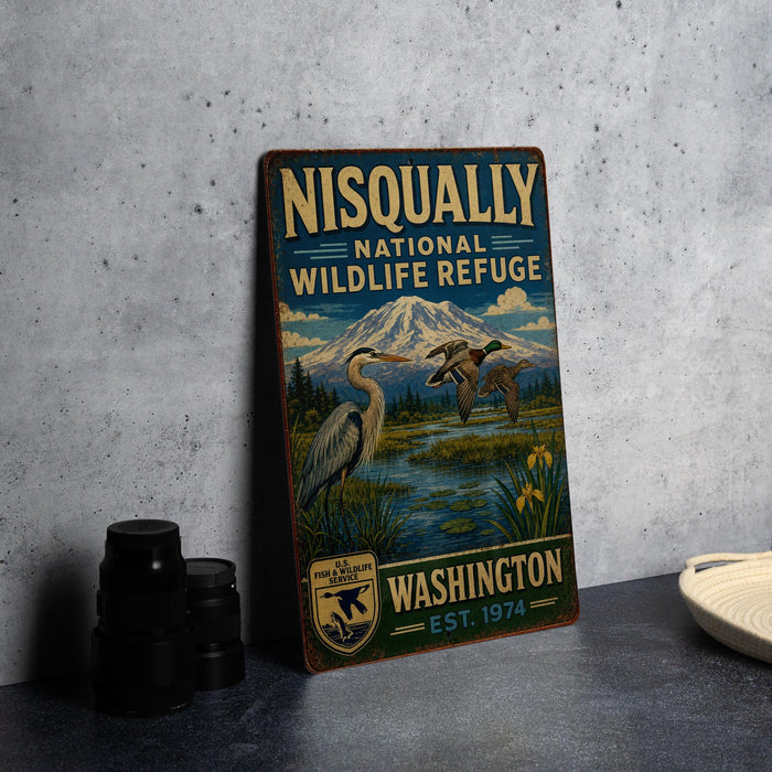 A vintage-style metal sign for the Nisqually National Wildlife Refuge, featuring an illustration of a bird and a mountain landscape.