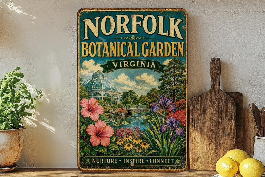 a vintage-style metal sign for the Norfolk Botanical Garden in Virginia, with a lush garden scene and a greenhouse visible. The sign is placed on a wooden shelf, surrounded by various kitchen utensils and a potted plant.