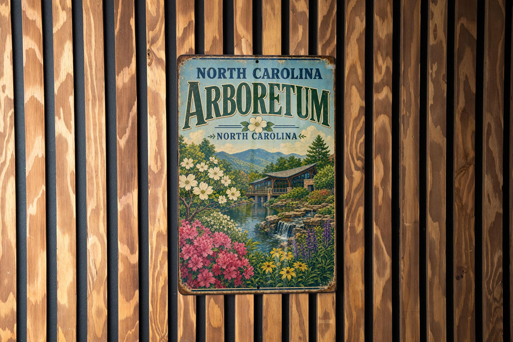 A vintage metal sign for the North Carolina Arboretum, featuring a scenic landscape with a waterfall and flowers.