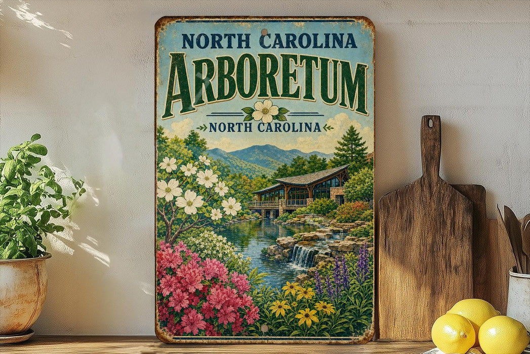 A vintage-style sign for the North Carolina Arboretum, featuring a scenic landscape with a waterfall, flowers, and a wooden bridge.