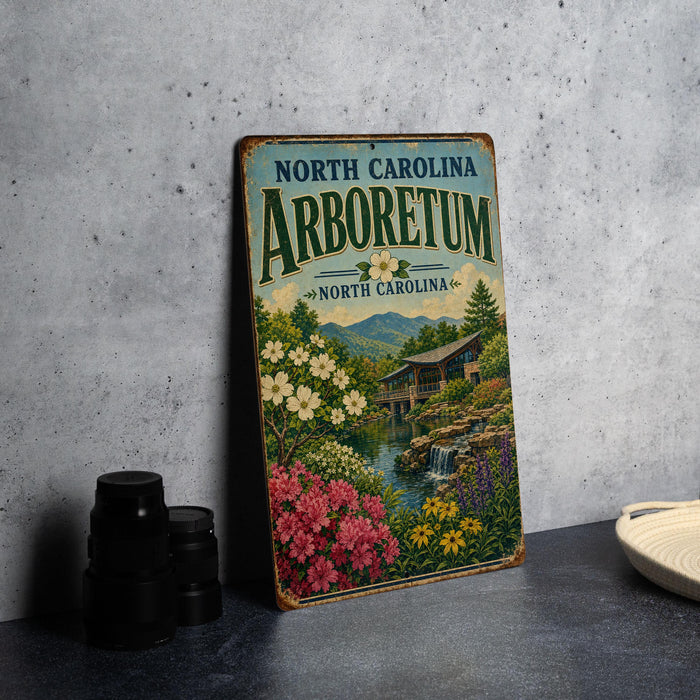A vintage-style sign for the North Carolina Arboretum, featuring a scenic landscape with a waterfall, flowers, and a bridge.