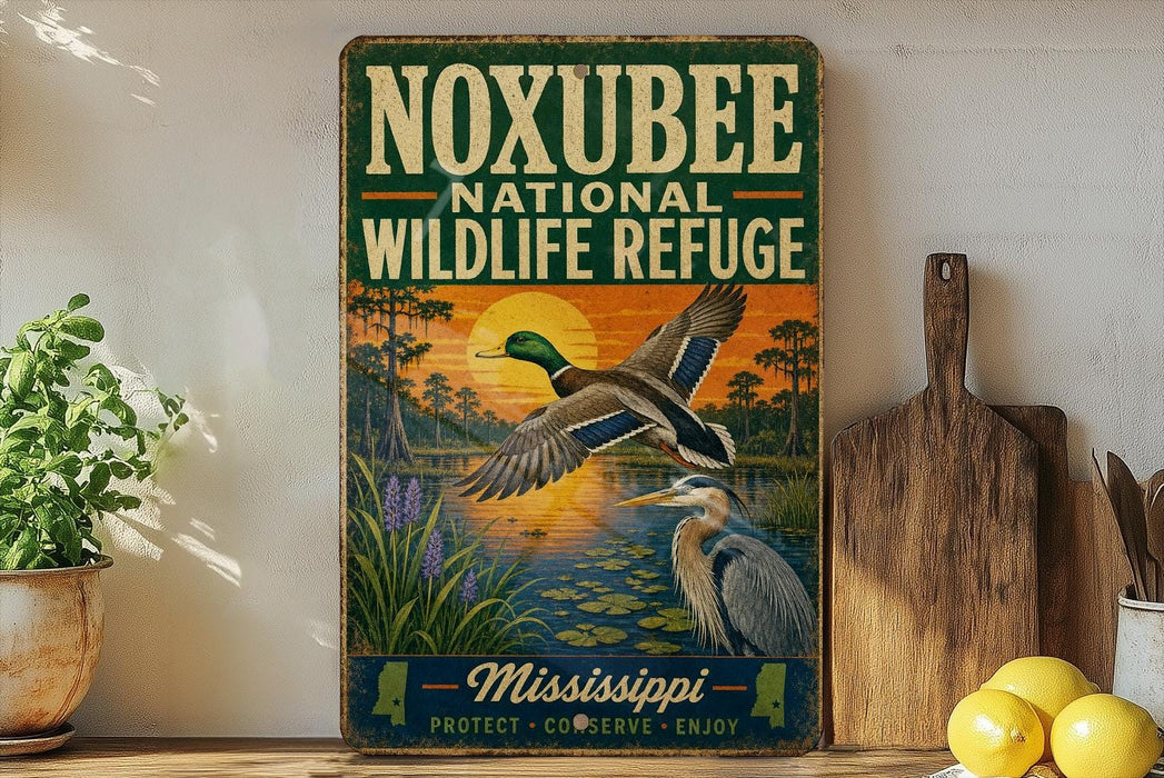 A vintage-style sign for the Noxubee National Wildlife Refuge in Mississippi, featuring an illustration of a bird in flight and a bird on the ground, with a sunset in the background.
