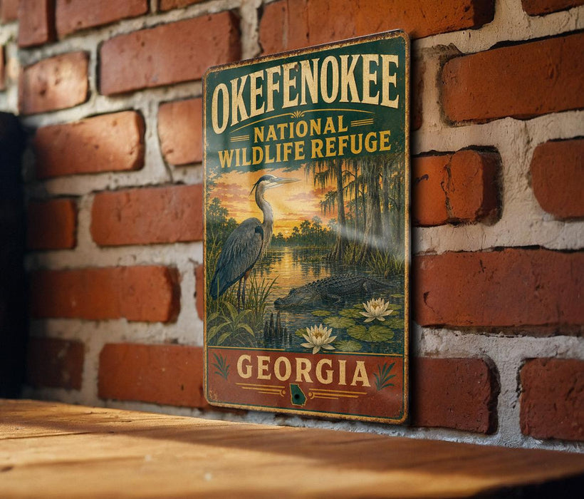 A vintage-style metal sign for the Okefenokee National Wildlife Refuge in Georgia, featuring a serene landscape with a heron and a sunset over a body of water.