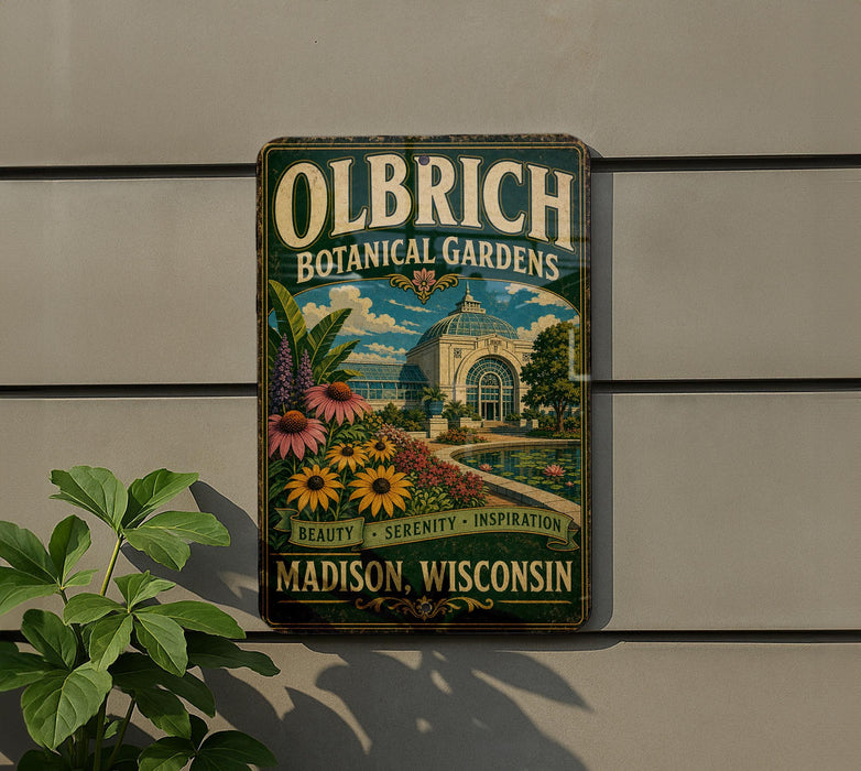 A vintage-style metal sign for Olbrich Botanical Gardens in Madison, Wisconsin, featuring a garden scene with a building and flowers.