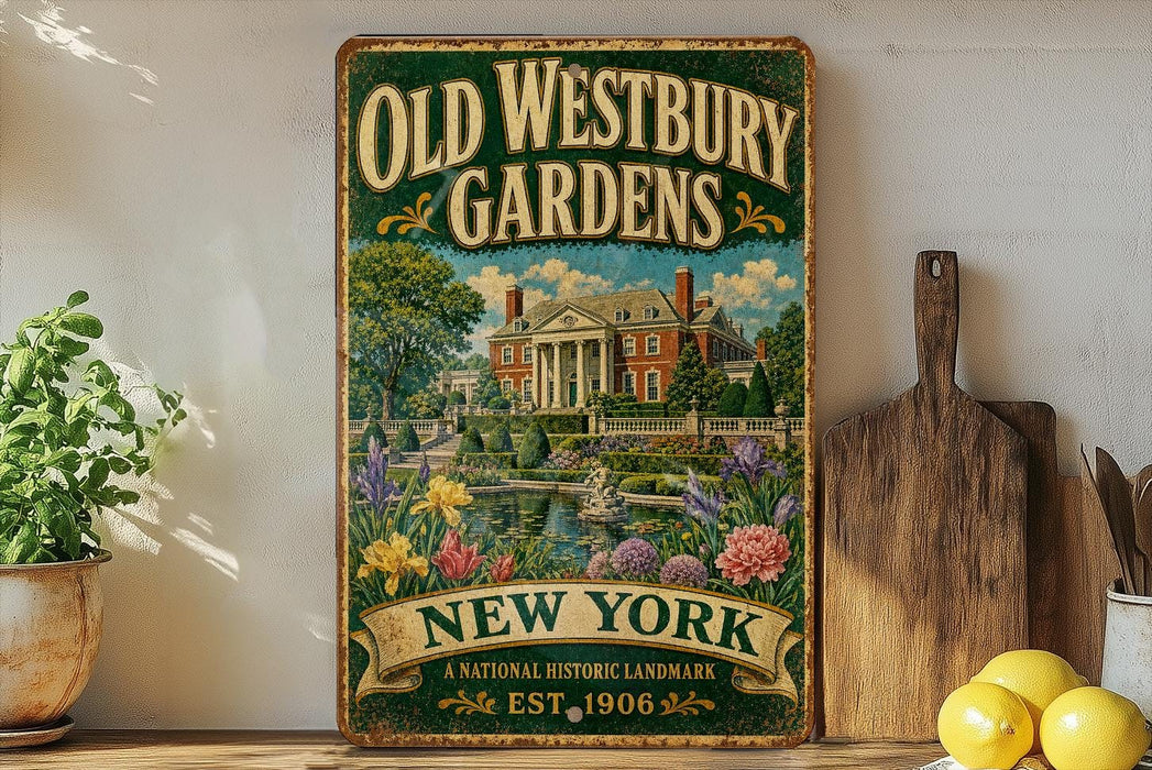 a vintage-style sign for the Old Westbury Gardens in New York, with a painting of a house and garden in the background. The sign is mounted on a wall, and there are some potted plants and kitchen utensils visible in the foreground.