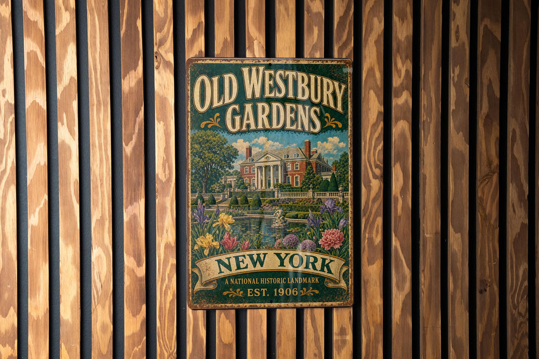 A vintage metal sign for Old Westbury Gardens, featuring a large illustration of a historic building surrounded by a garden, is displayed on a wooden wall.