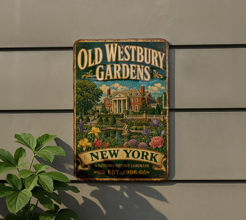 a vintage-style metal sign for Old Westbury Gardens, which is a National Historic Landmark established in 1906.