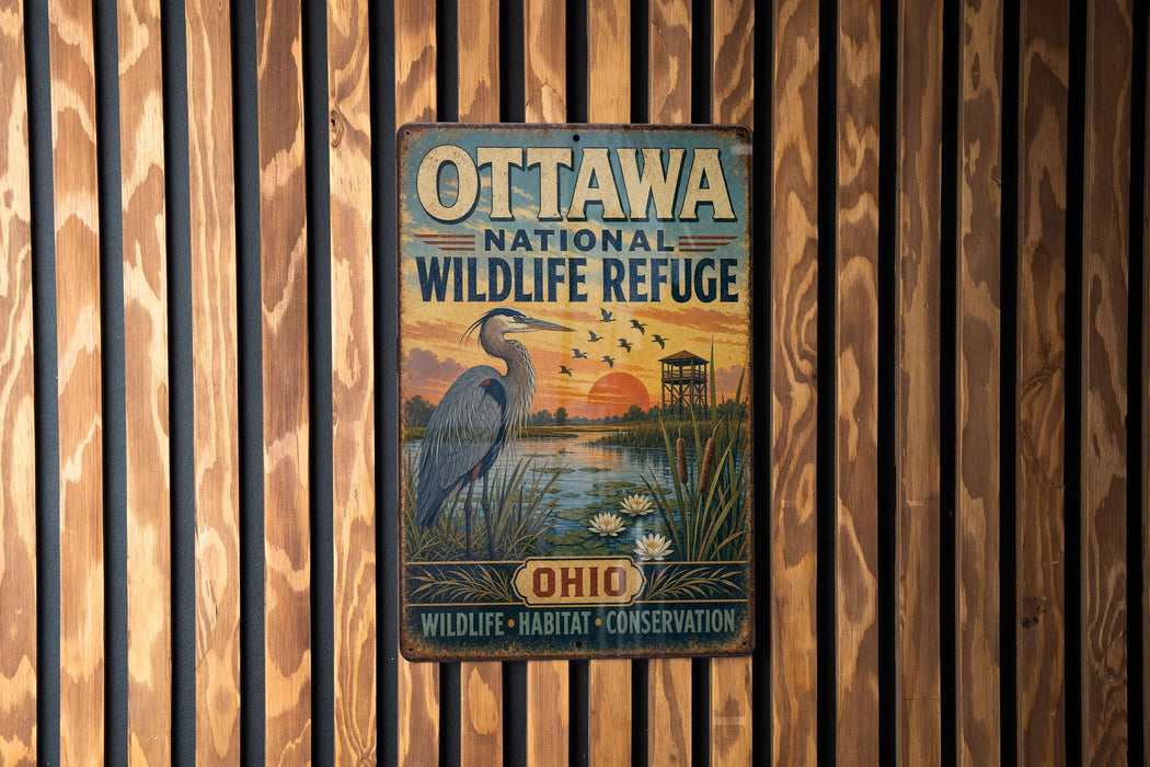 A vintage metal sign for the Ottawa National Wildlife Refuge, featuring an illustration of a crane and a sunset over a lake.