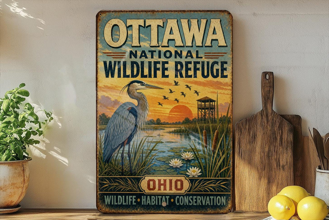 A vintage-style metal sign for the Ottawa National Wildlife Refuge in Ohio, featuring an illustration of a heron and a sunset over a lake.