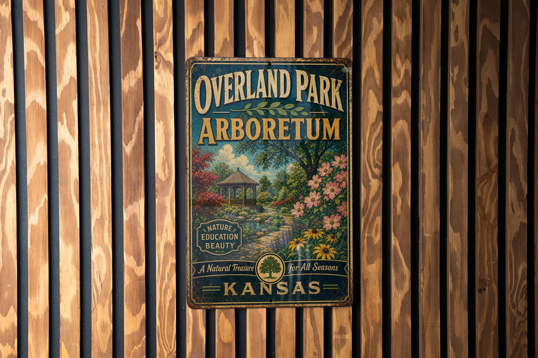 A vintage-style metal sign for "Overland Park Arboretum" in Kansas, featuring a scenic illustration of a garden with a gazebo and flowers.