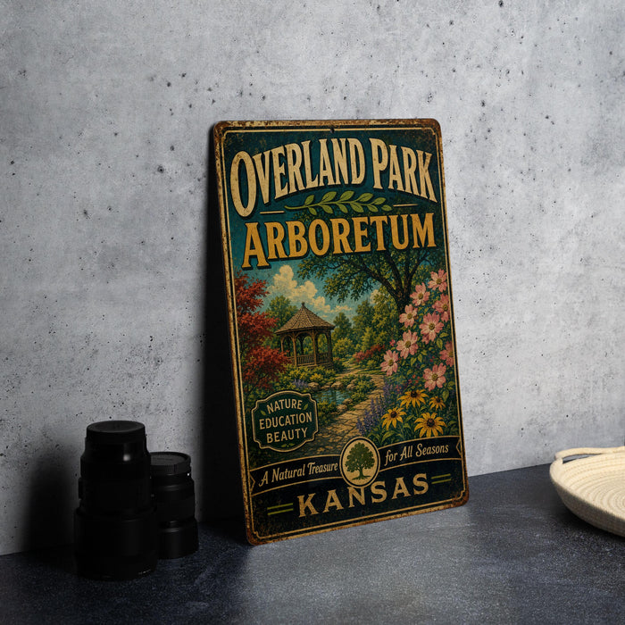 A vintage-style sign for the Overland Park Arboretum in Kansas, featuring a scenic illustration of a garden and a gazebo.