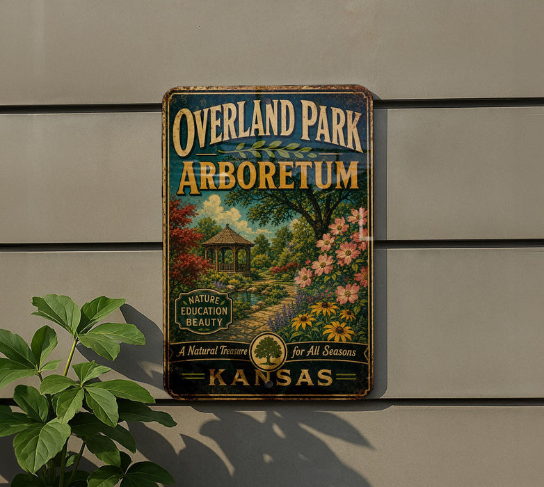 A vintage-style sign for Overland Park Arboretum in Kansas, featuring a scenic illustration of a garden and a gazebo.