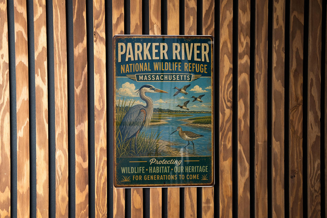 A vintage-style metal sign for the Parker River National Wildlife Refuge in Massachusetts, featuring an illustration of a heron and ducks in a grassy area with a river.