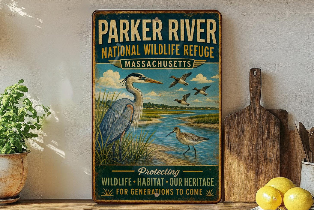 A vintage-style metal sign for the Parker River National Wildlife Refuge in Massachusetts, featuring an illustration of a heron and ducks in a grassy area with a river.