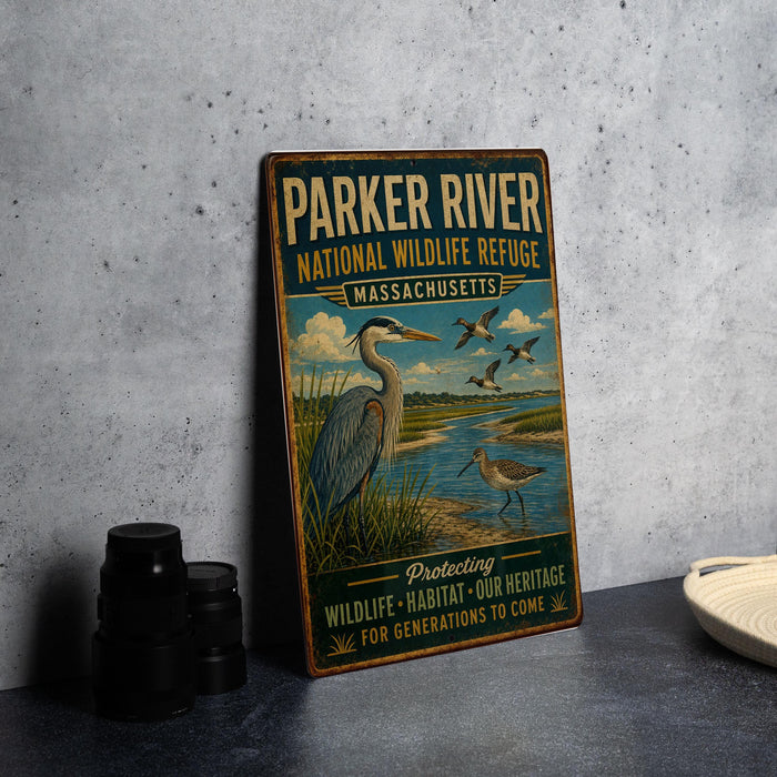 A vintage metal sign for the Parker River National Wildlife Refuge in Massachusetts, featuring an illustration of a heron and birds in a grassy area.