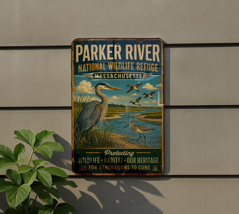 A vintage-style metal sign for the Parker River National Wildlife Refuge in Massachusetts, featuring an illustration of a heron and ducks in a grassy area with a river.