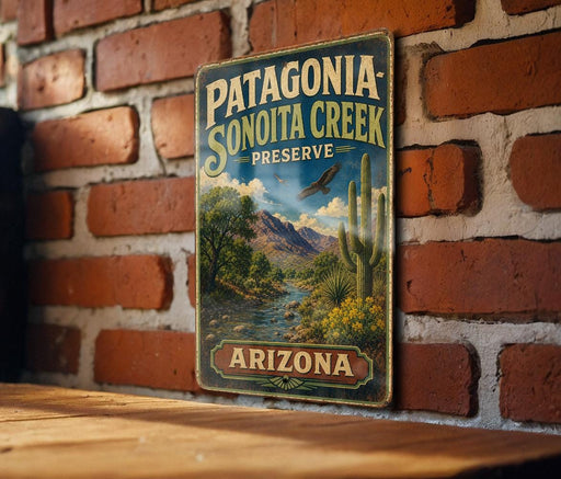 A vintage-style metal sign for Patagonia Sonoita Creek Preserve in Arizona, featuring a desert landscape with a cactus and a river.
