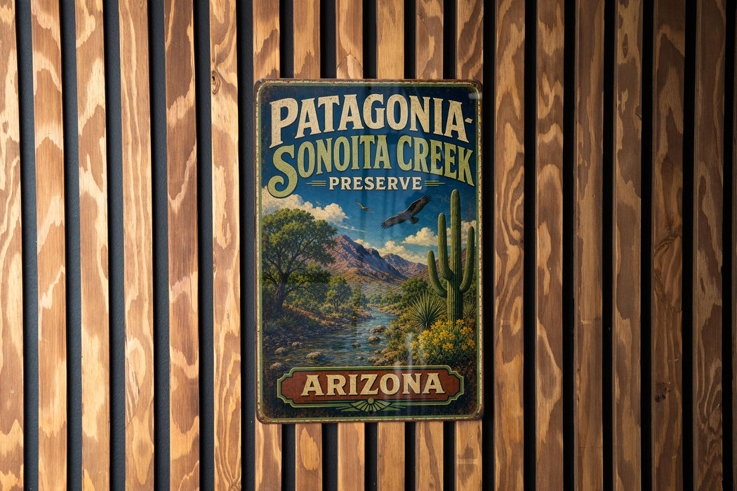 A vintage metal sign for Patagonia Sonoita Creek Preserve in Arizona, featuring a desert landscape with a cactus and a bird in flight.
