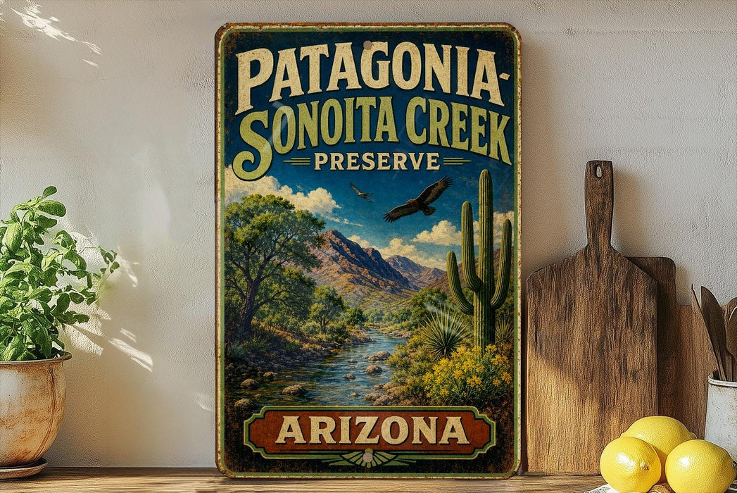 A vintage-style sign for Patagonia Sonoita Creek Preserve in Arizona, featuring a desert landscape with a river, cacti, and mountains.
