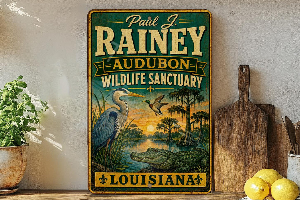 A vintage-style sign for Paul J. Rainey Audubon Wildlife Sanctuary in Louisiana, featuring an illustration of a heron and alligator in a pond with a sunset in the background.