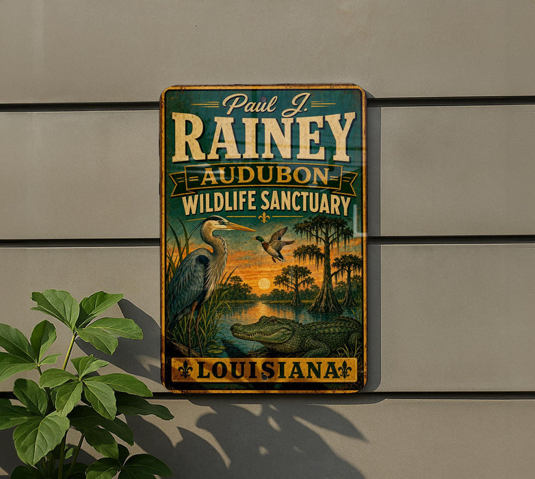 A vintage-style metal sign for the Audubon Wildlife Sanctuary in Louisiana, featuring illustrations of various wildlife species such as alligators, egrets, and a bird.