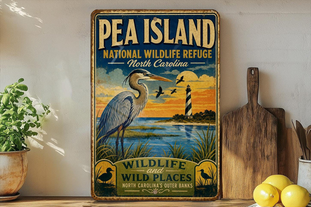 A vintage-style sign for the Pea Island National Wildlife Refuge in North Carolina, featuring a heron and a lighthouse in the background.