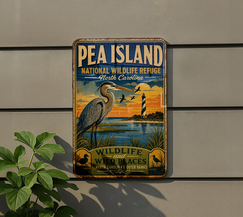 A vintage-style metal sign for Pea Island National Wildlife Refuge in North Carolina, featuring a large heron and a lighthouse in the background.