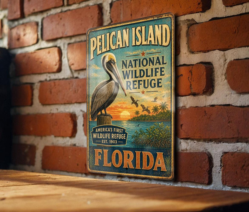 A vintage-style metal sign for the Pelican Island National Wildlife Refuge in Florida, featuring a pelican and a sunset landscape.