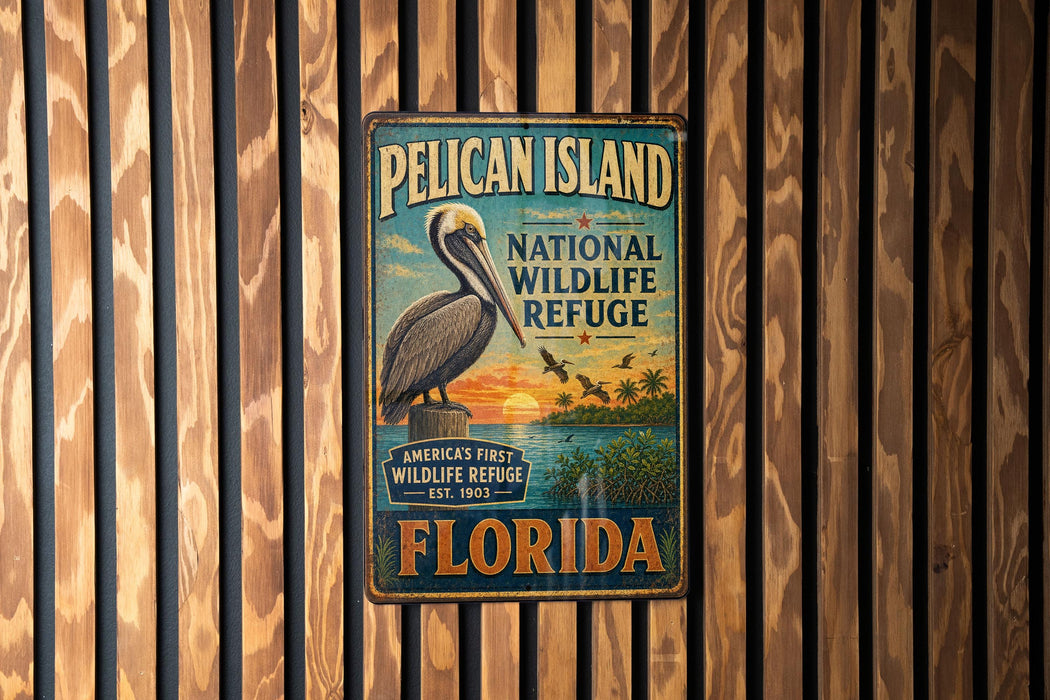 A vintage-style metal sign for the Pelican Island National Wildlife Refuge in Florida, featuring an illustration of a pelican and a sunset landscape.