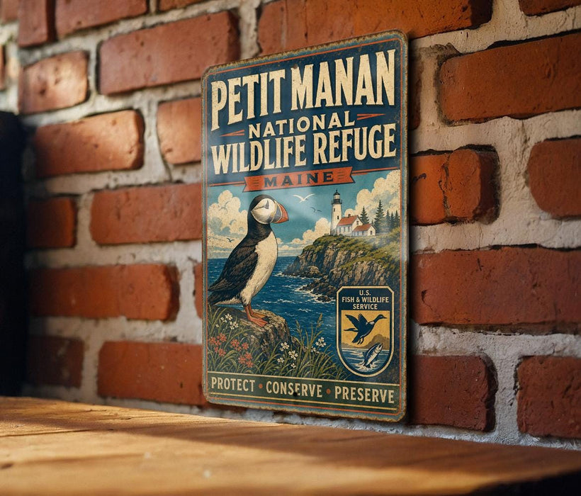 A vintage-style metal sign for the Petit Manan National Wildlife Refuge in Maine, featuring a puffin bird and a lighthouse on a cliff overlooking the ocean.