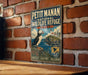 A vintage-style metal sign for the Petit Manan National Wildlife Refuge in Maine, featuring a puffin bird and a lighthouse on a cliff overlooking the ocean.
