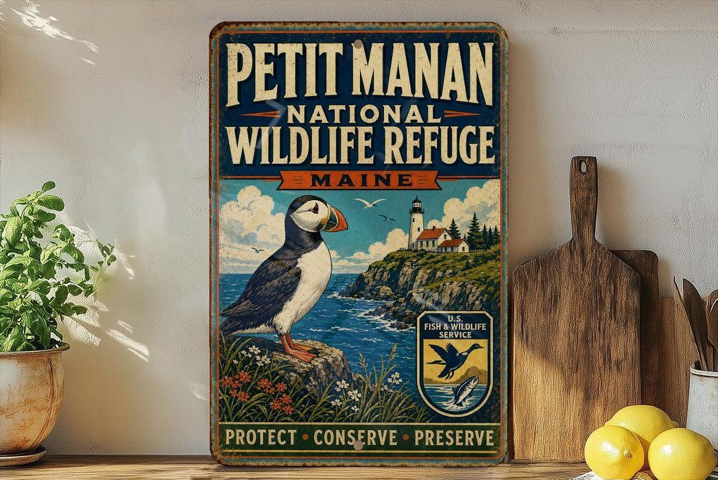 A vintage-style metal sign for the Petit Manan National Wildlife Refuge in Maine, featuring a puffin bird and a lighthouse on a cliff overlooking the ocean.