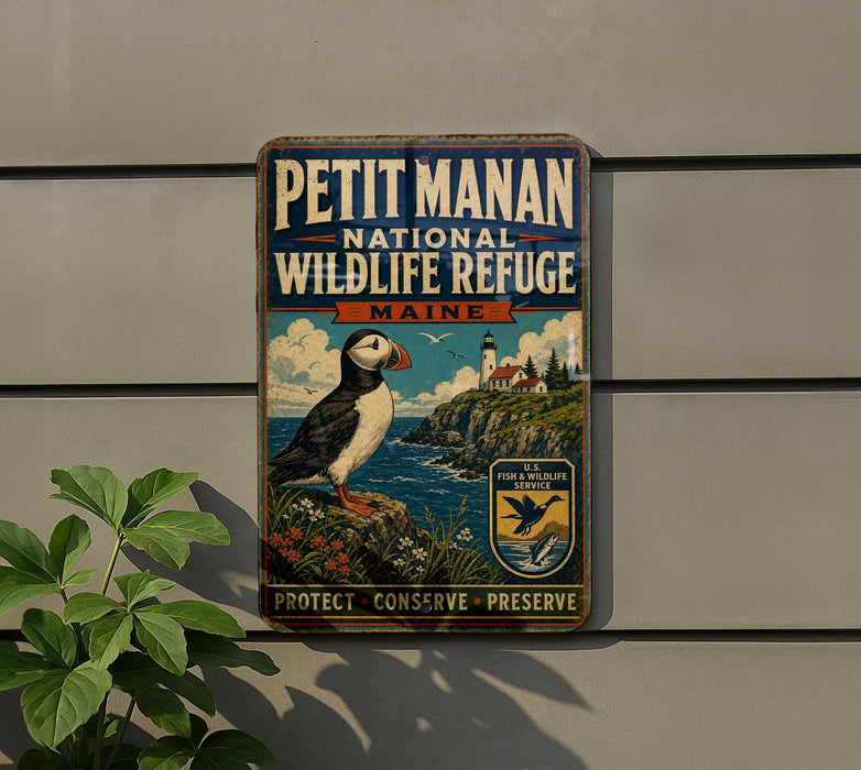 A vintage-style metal sign for the Petit Manan National Wildlife Refuge in Maine, featuring a puffin bird and a lighthouse.