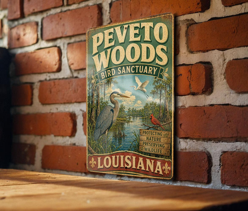A vintage-style metal sign for the Peveto Woods Bird Sanctuary in Louisiana, featuring an illustration of a heron and a red cardinal bird.