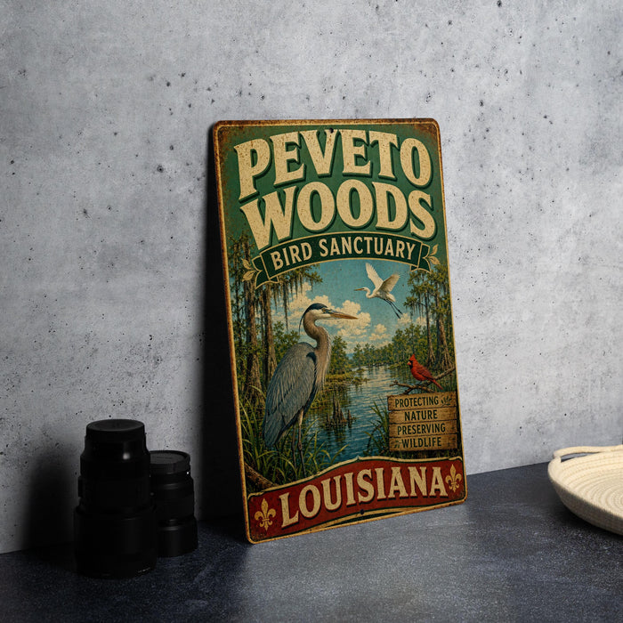 A vintage-style metal sign for the Peveto Woods Bird Sanctuary in Louisiana, featuring illustrations of birds and a river.