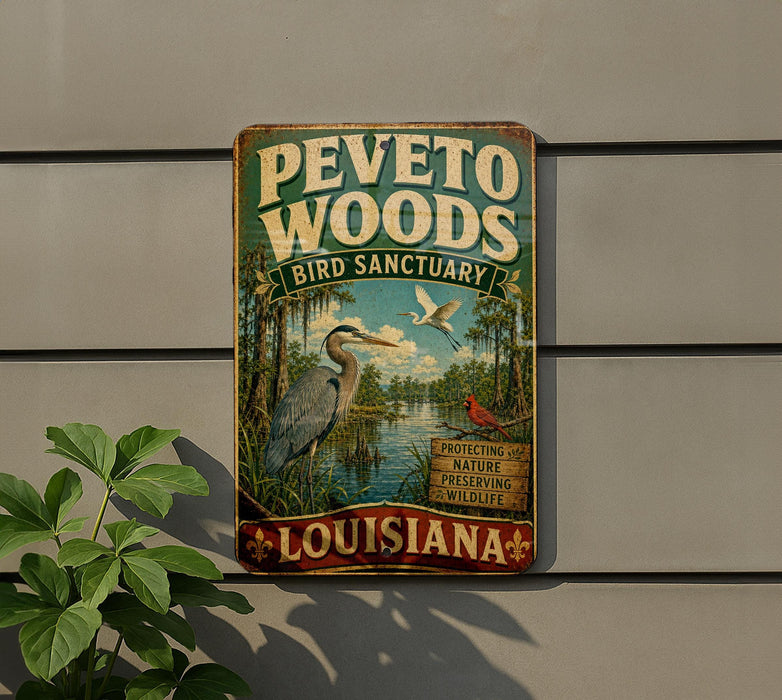 A vintage-style sign for the Peleto Woods Bird Sanctuary in Louisiana, featuring illustrations of birds and a natural landscape.