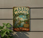A vintage-style sign for the Peleto Woods Bird Sanctuary in Louisiana, featuring illustrations of birds and a natural landscape.