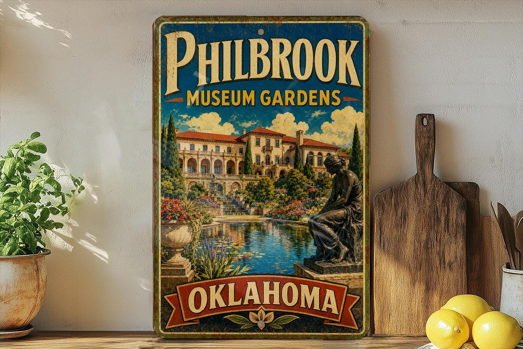 A vintage-style metal sign for Philbrook Museum Gardens in Oklahoma, featuring a painting of a building and a statue, is displayed on a shelf with various kitchen utensils and a potted plant.